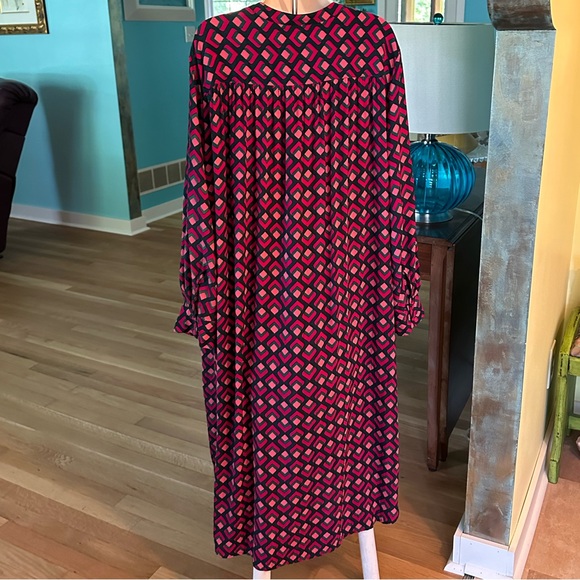 Rose & Teal Geometric Rayon Long Sleeve Shirt Dress With Pockets All Seasons~ 1X - Picture 4 of 10